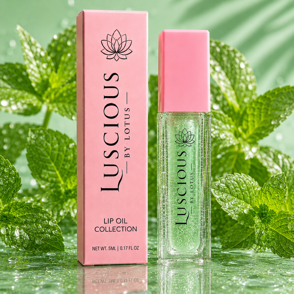Fresh Mint lip oil with pink cap and matching packaging surrounded by fresh mint leaves.