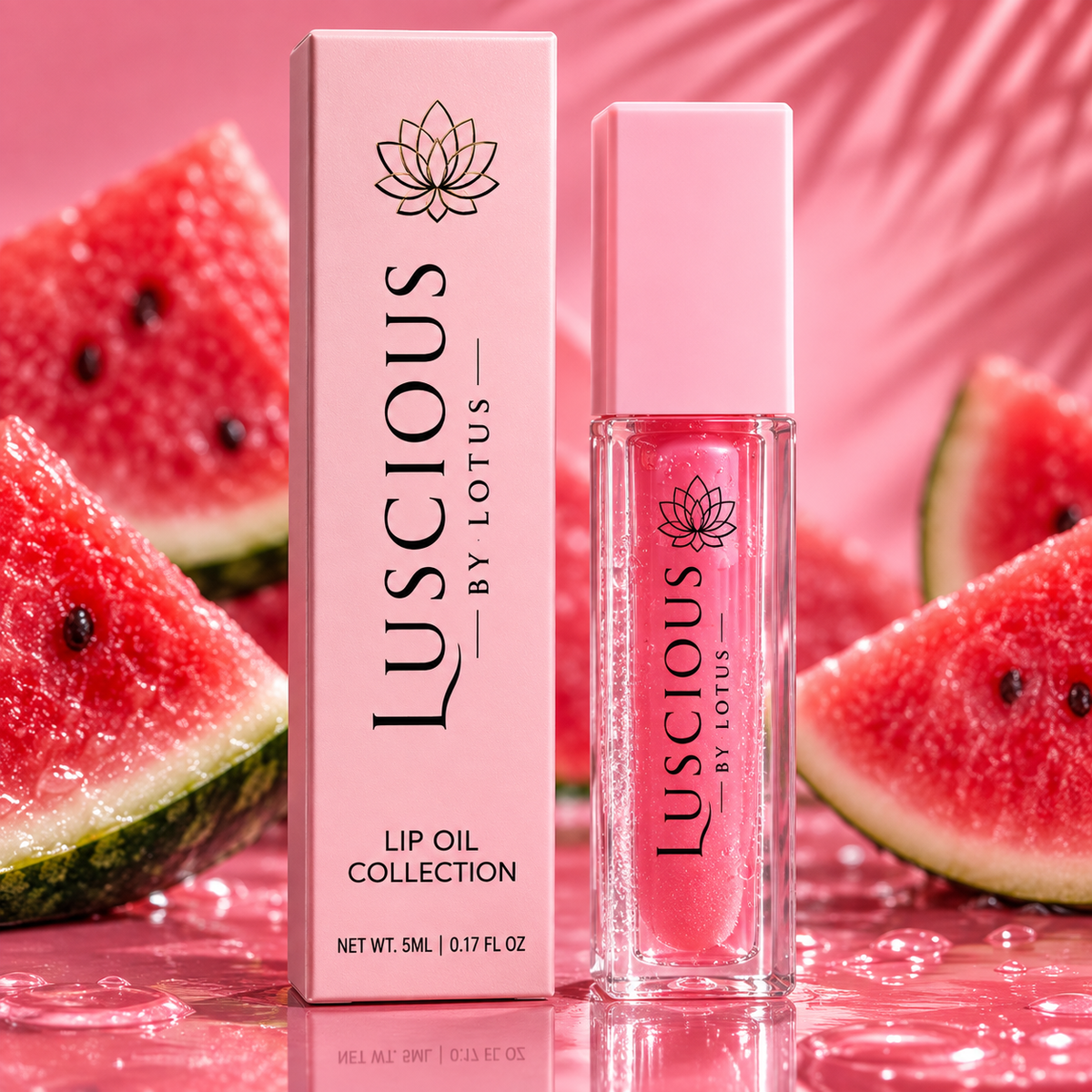 Luscious by Lotus pink lip oil bottle and box surrounded by watermelon slices