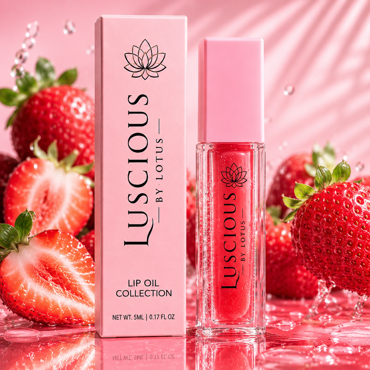 Sweet Strawberry lip oil by Luscious by Lotus with pink packaging and fresh strawberries