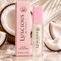 Creamy Coconut lip oil by Luscious by Lotus with pink packaging and coconut pieces.