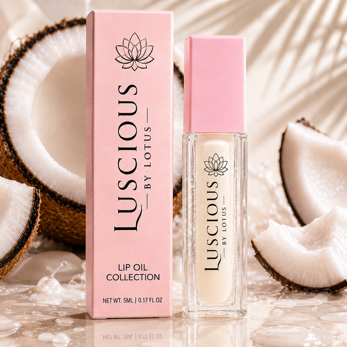Creamy Coconut lip oil by Luscious by Lotus with pink packaging and coconut pieces.